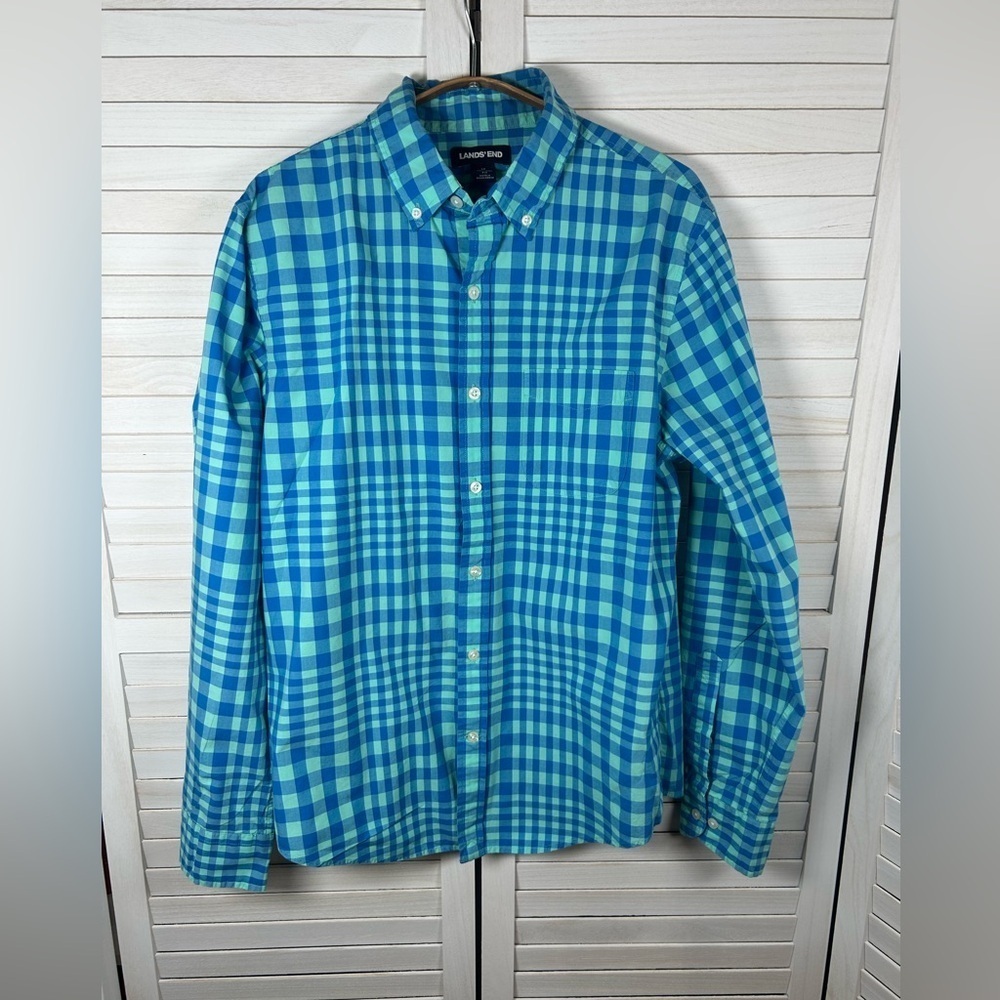 Lands' End Men's Green and Blue Checkered Shirt. Preppy. Eclectic Grandpa. Med.